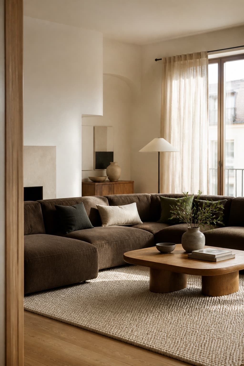 Warm contemporary living room with a deep brown sectional and oak coffee table