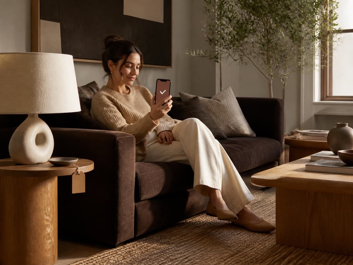 Homeowner reviewing a confirmed design in a finished living room