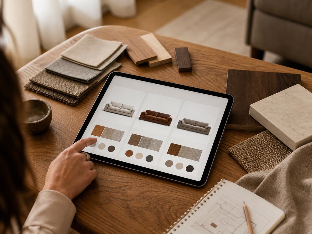 Furniture and finish options displayed beside material samples
