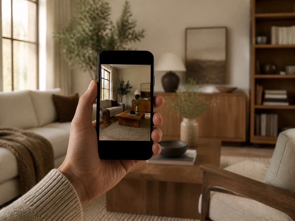 Phone framing a warm living room for a room photo