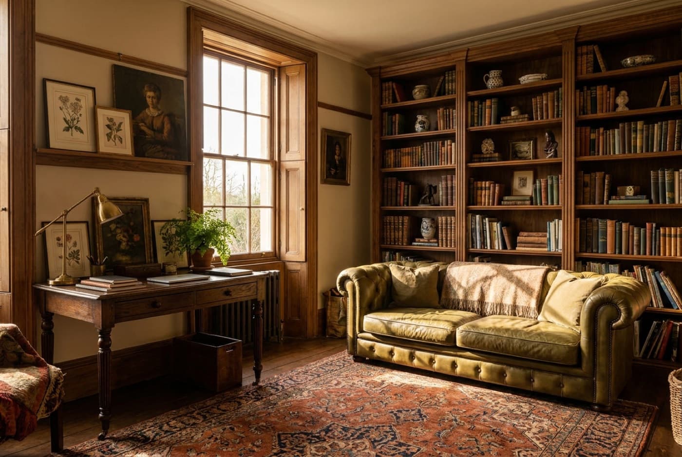 Traditional study concept with an olive leather chesterfield, walnut bookshelves, and a Persian rug
