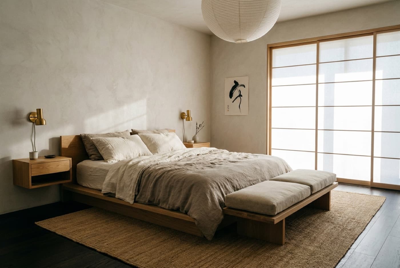 Japandi bedroom concept with a low oak platform bed, linen bedding, brass sconces, and shoji-style windows