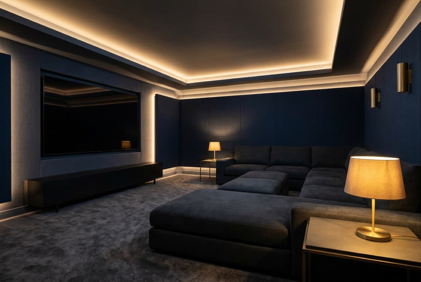 Media room concept with a wall-to-wall charcoal sectional, midnight-blue acoustic panels, and cove lighting