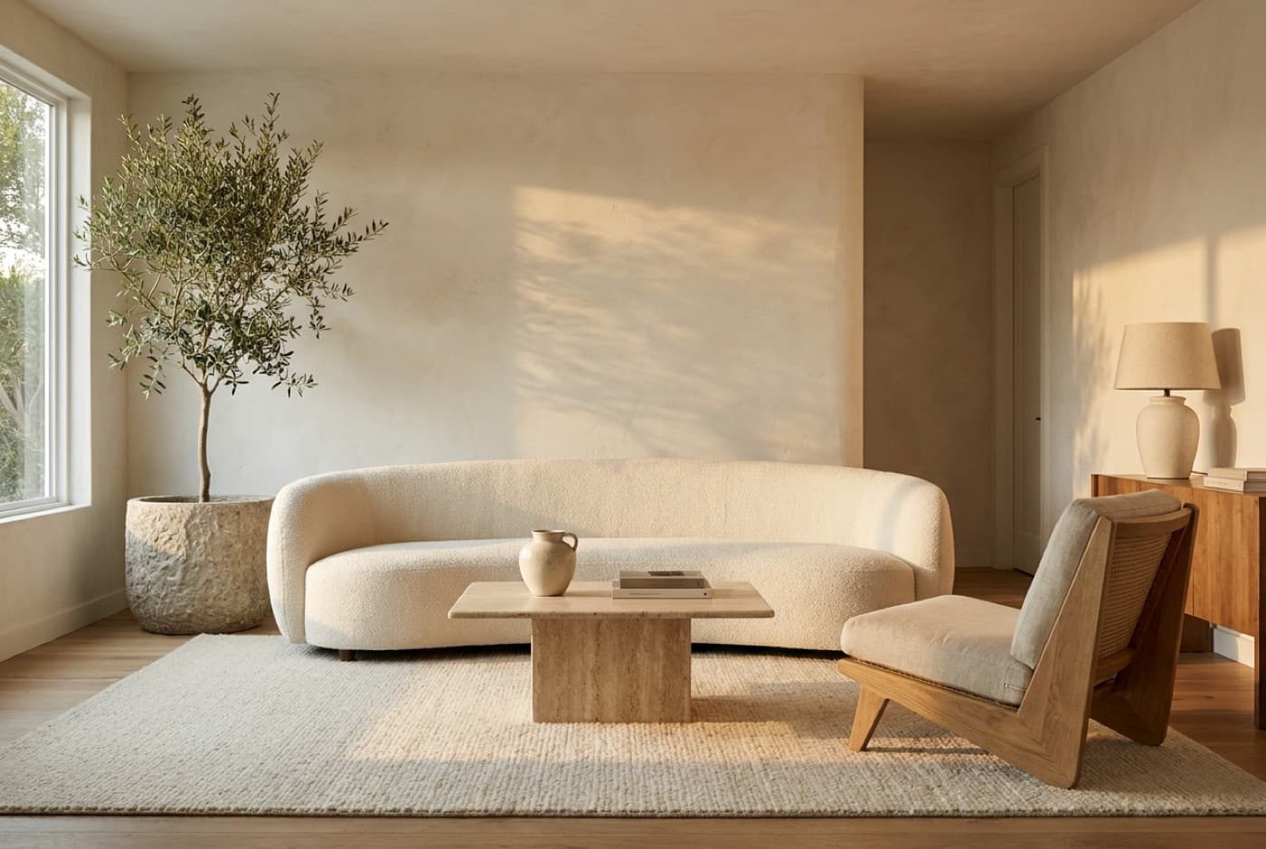 Modern organic living room concept with a curved ivory boucle sofa, travertine coffee table, and olive tree