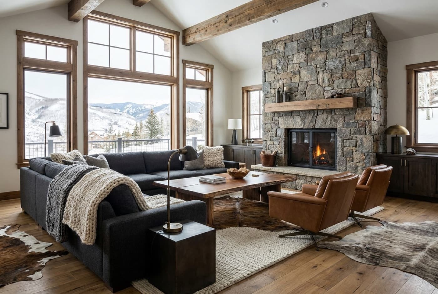Ski house great room concept with a charcoal wool sectional, stone fireplace, timber beams, and snowy mountain views