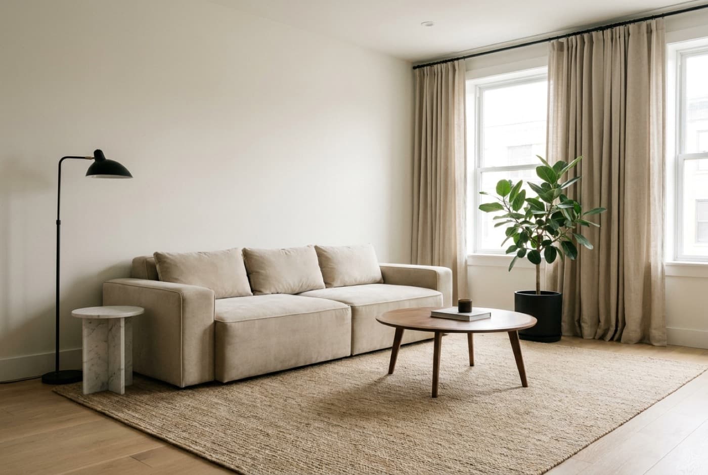 Warm minimalist living room concept with an oatmeal modular sofa, round walnut coffee table, and jute rug